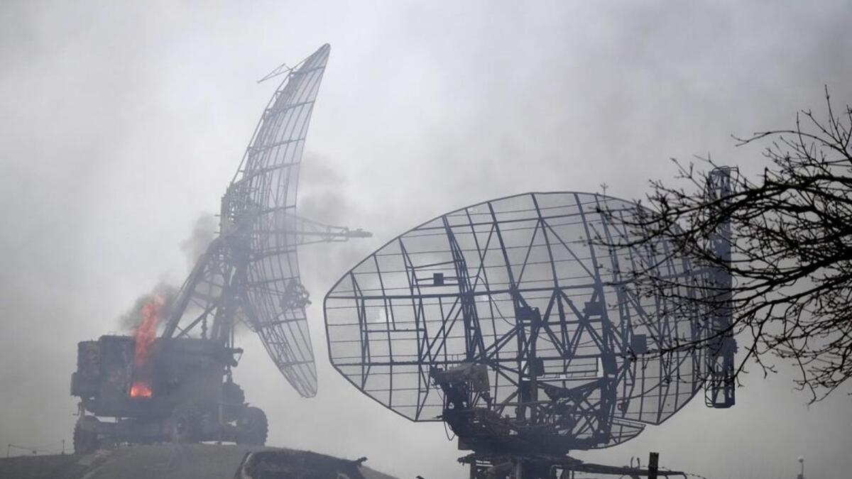 Damaged radar arrays and other equipment is seen at Ukrainian military facility outside Mariupol, Ukraine. Photo: AP