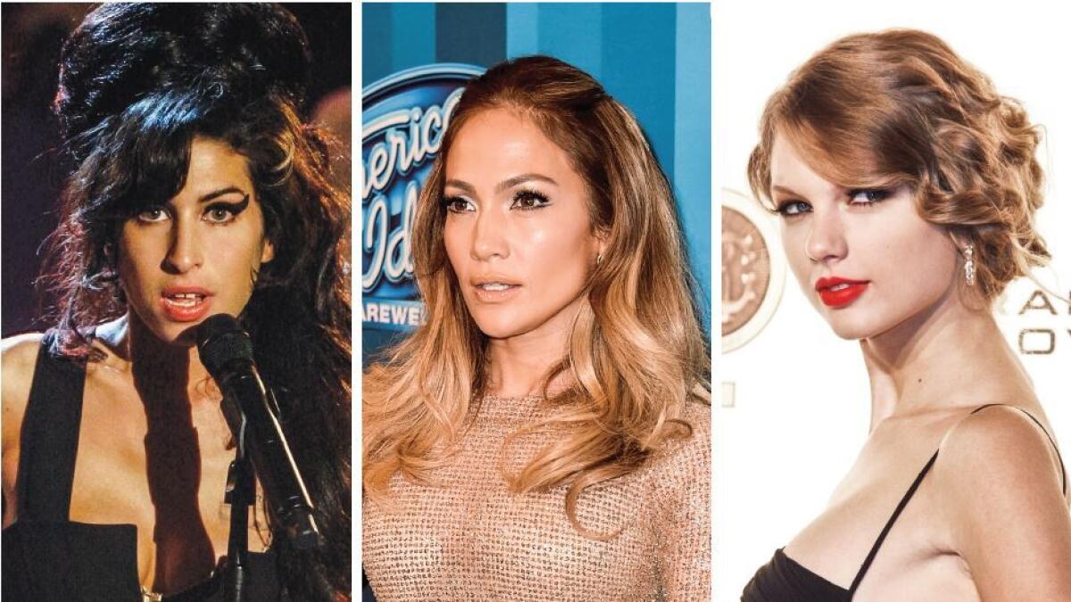 STYLE ICONS: Music stars such as (from left to right) the late Amy Winehouse, Jennifer Lopez and Taylor Swift have pushed boundaries, experimented and set fashion trends