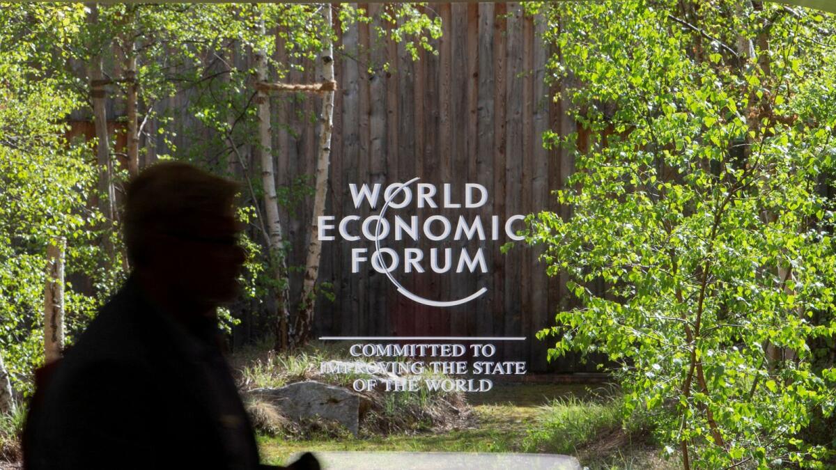 The logo of the World Economic Forum 2022 (WEF) is pictured on a window at the congress centre, in the Alpine resort of Davos, Switzerland. More than 50 heads of government or state are attending the annual event. — Reuters