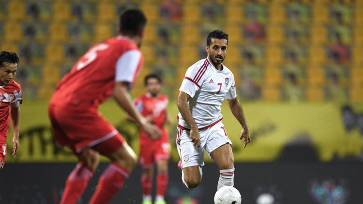 UAE striker Ali Mabkhout during the international football friendly against Tajikistan at the Zabeel Stadium in Dubai on Thursday night. — UAEFA