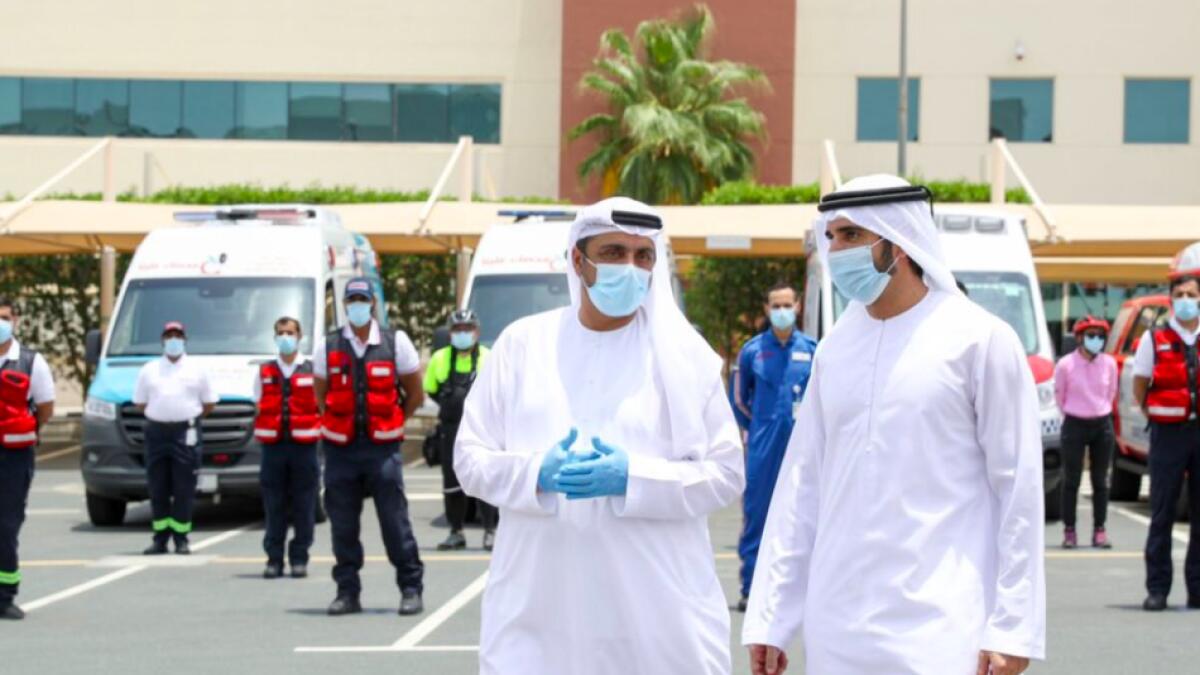 He visited teams at Dubai Police, ambulance services, state security, civil defence, among others, and personally greeted the teams. In this photo, he is at the Dubai Ambulance headquarters.