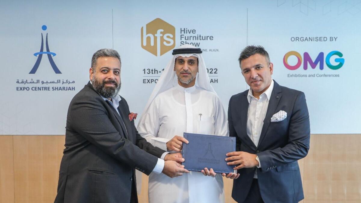 The announcement was made on the sidelines of a signing ceremony between Saif Mohammed Al Midfa, CEO of Expo Centre Sharjah, and Gautam Mulani and Manish Bhatia, co-founders of Hive Furniture Show. — Supplied photo