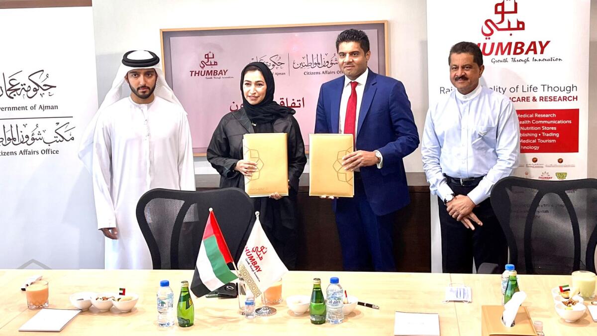 The MoU was signed by Maryam Ali Al Memary, CEO of the CAO, and Akbar Moideen Thumbay, vice-president of Thumbay Group’s Healthcare Division, in the presence of  Sheikh Abdullah bin Majid bin Saeed Al Nuaimi, director-general of the CAO, and Dr Thumbay Moideen, founder president of Thumbay Group. (Supplied photo)