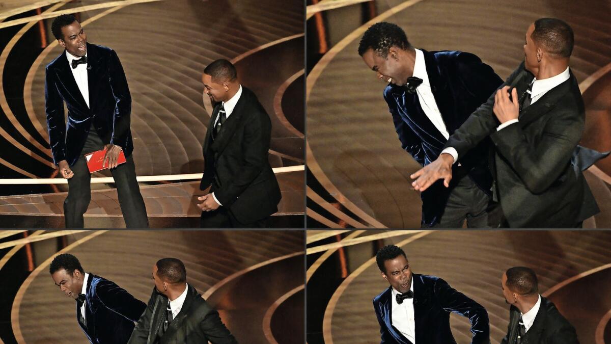 (COMBO) This combination of pictures created on March 28, 2022 shows US actor Will Smith (R) approaches US actor Chris Rock onstage,and US actor Will Smith (R) slaps US actor Chris Rock onstage, during the 94th Oscars at the Dolby Theatre in Hollywood, California on March 27, 2022.(Photo by Robyn Beck / AFP)