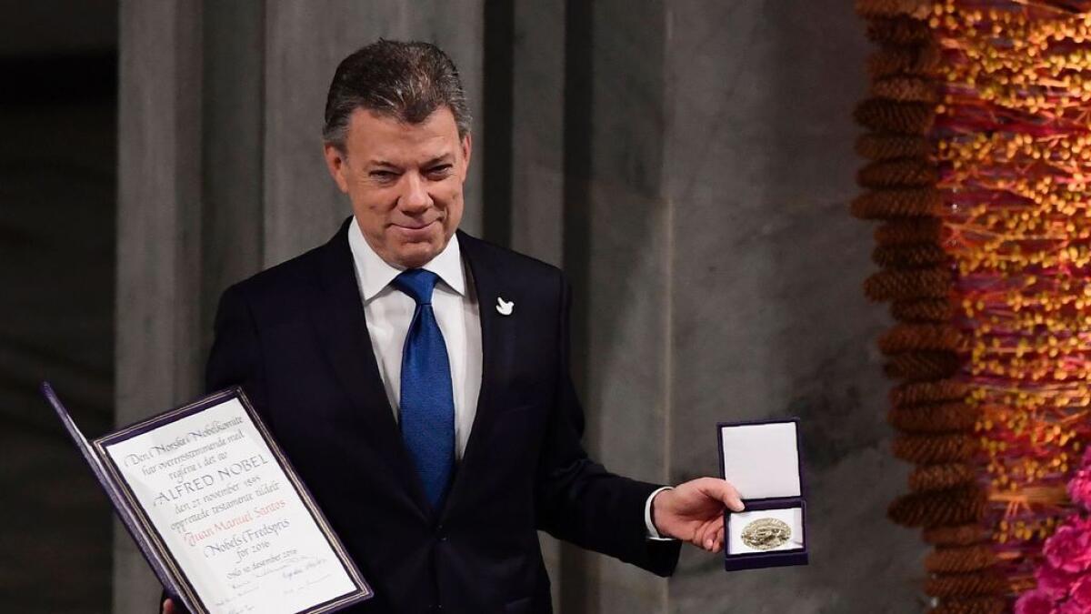 Watch: Colombias Santos accepts Nobel Peace Prize as gift from heaven
