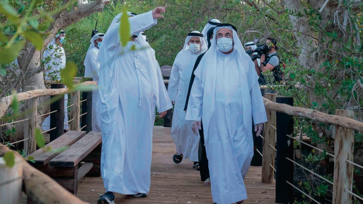 Sheikh Dr Sultan tours the Khor Kalba Mangrove Centre during its inauguration on Sunday. Wam photo