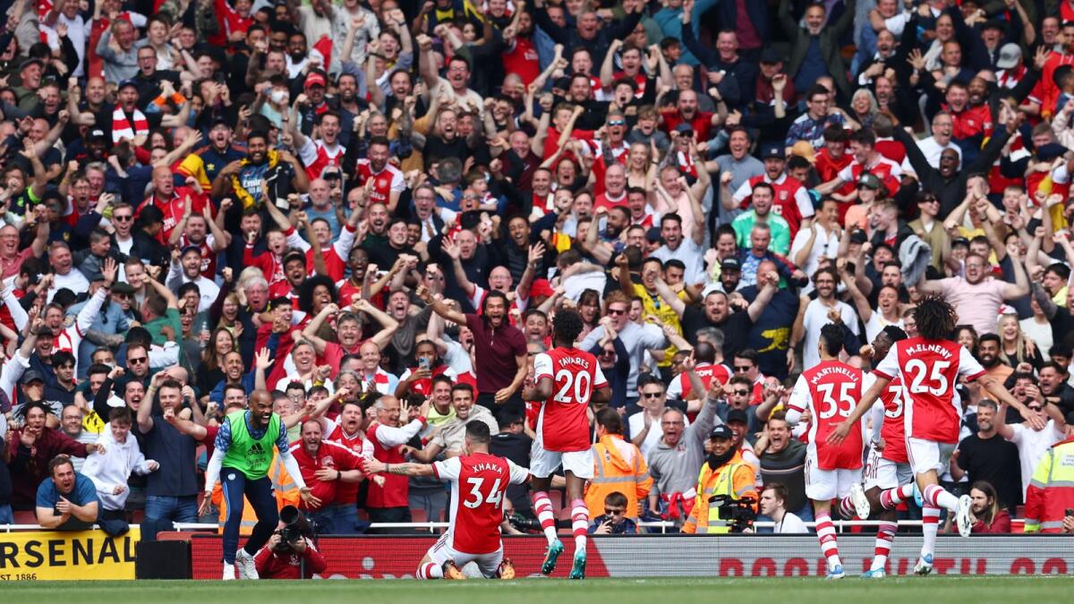 Arsenal's Granit Xhaka celebrates scoring their third goal. (Reuters)