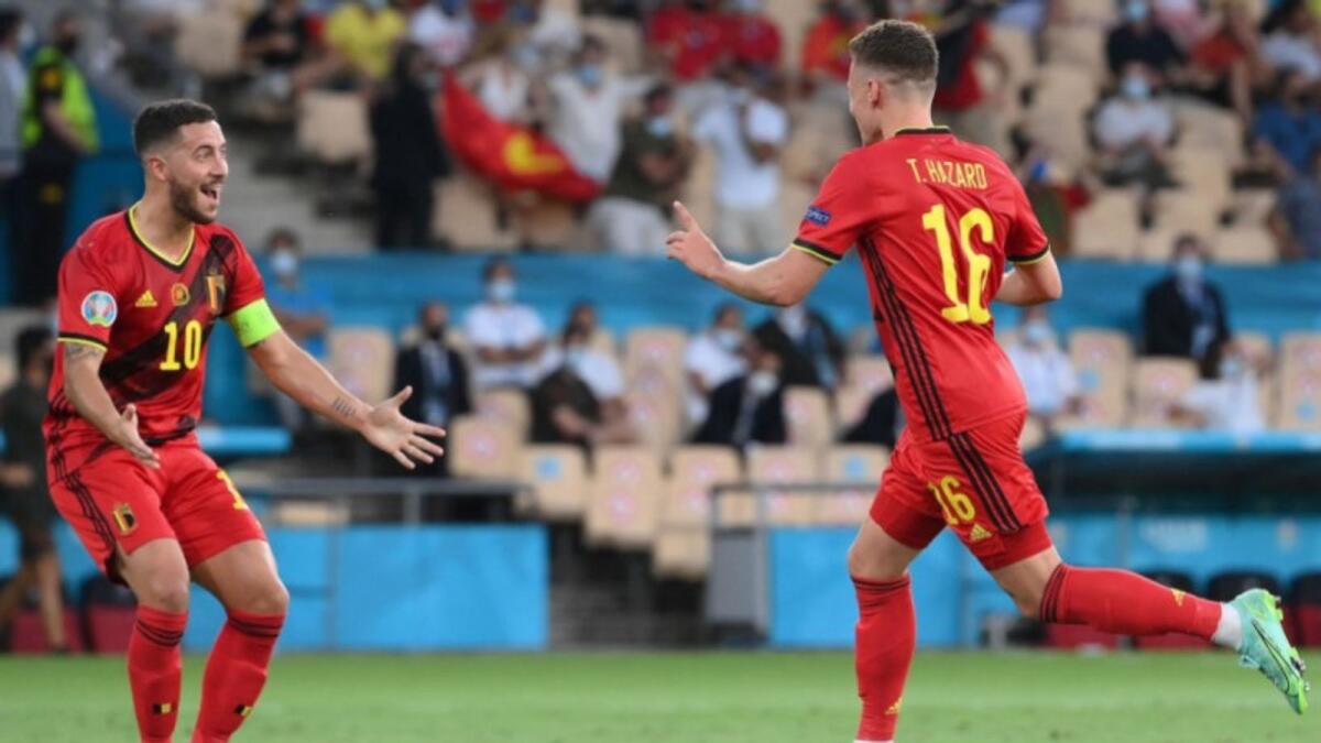 Thorgan Hazard (right) celebrates his goal with his brother Eden. (Euro 2020 Twitter)