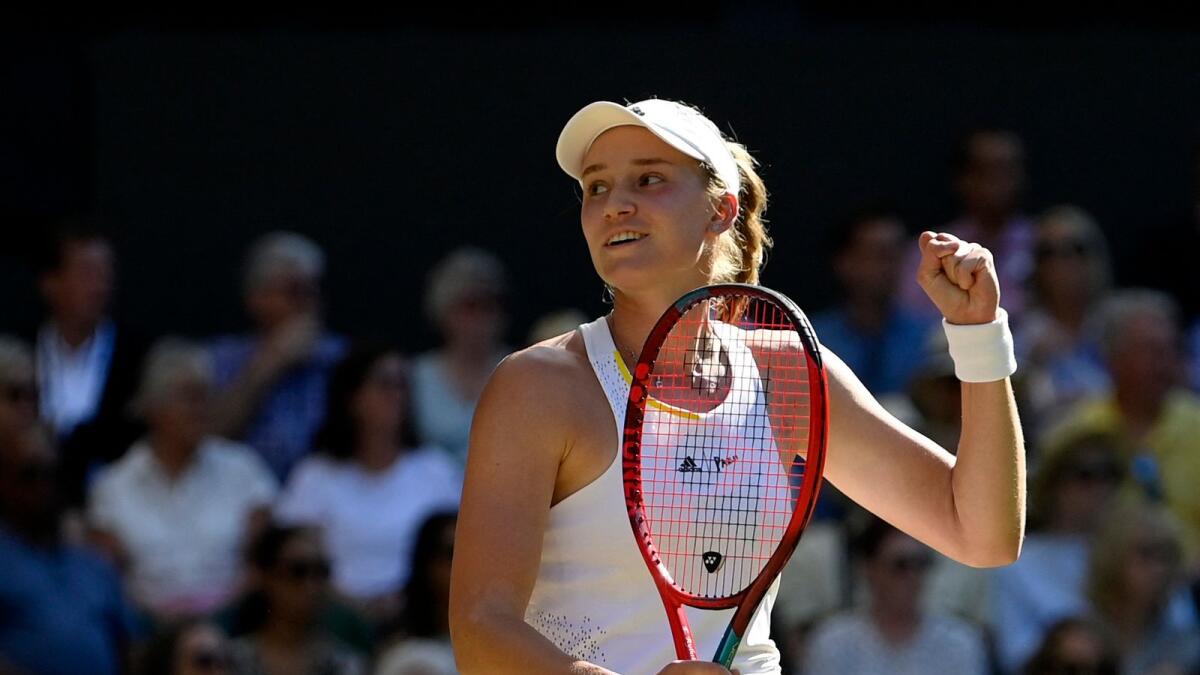 Elena Rybakina celebrates winning her semifinal match against Simona Halep. (Reuters)