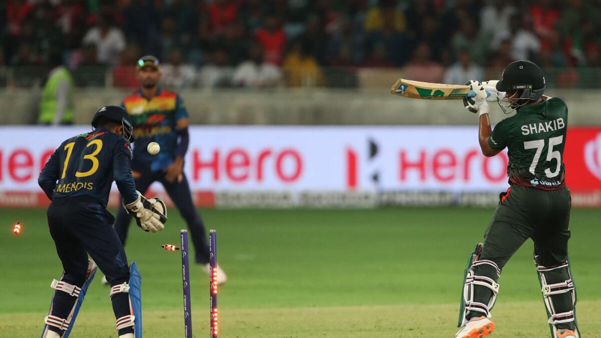Bangladesh captain Shakib Al Hasan is bowled by Sri Lanka's Maheesh Theekshana. (AFP)