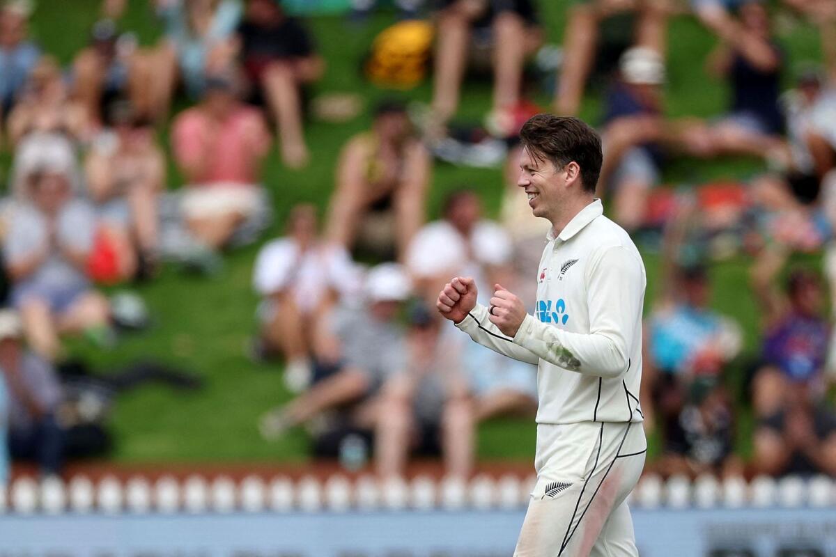 New Zealand's Michael Bracewell celebrates the wicket of Sri Lanka's captain Dimuth Karunaratne. — AFP