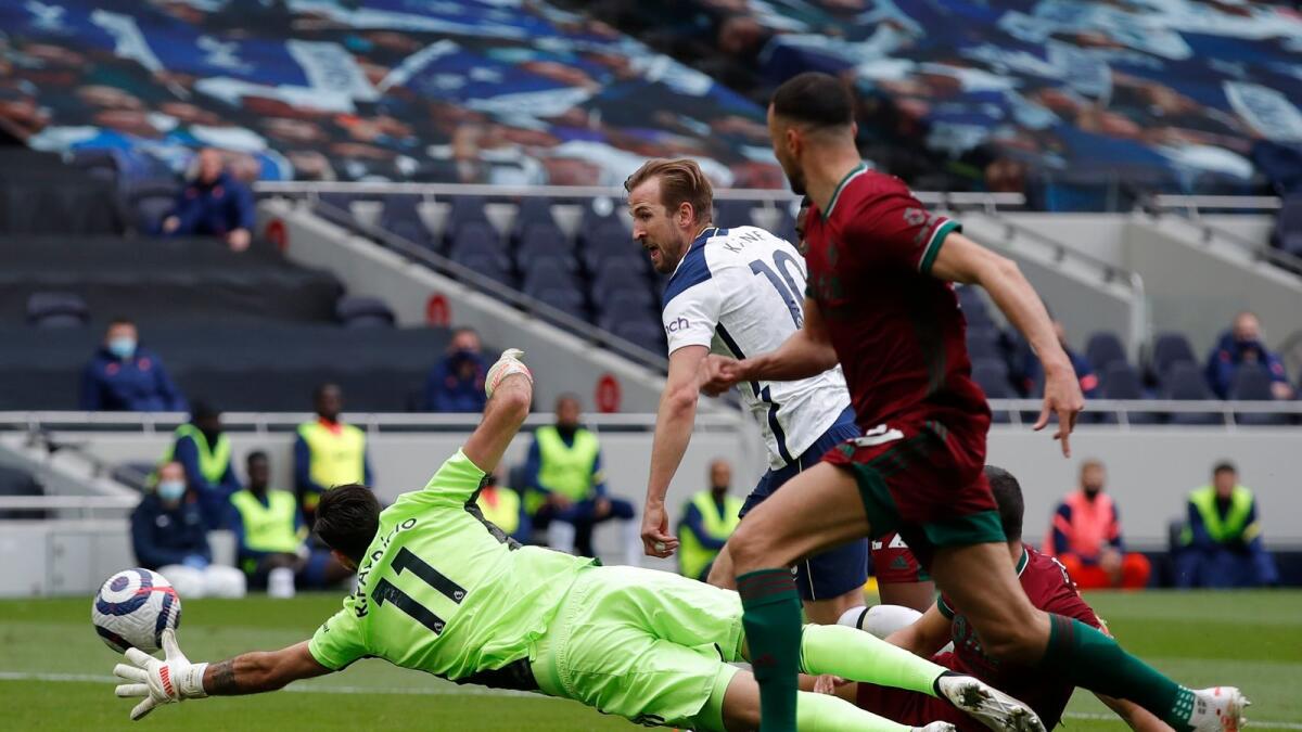 Tottenham's Harry Kane scores a goal during the English Premier League match against Wolverhampton Wanderers. — AP