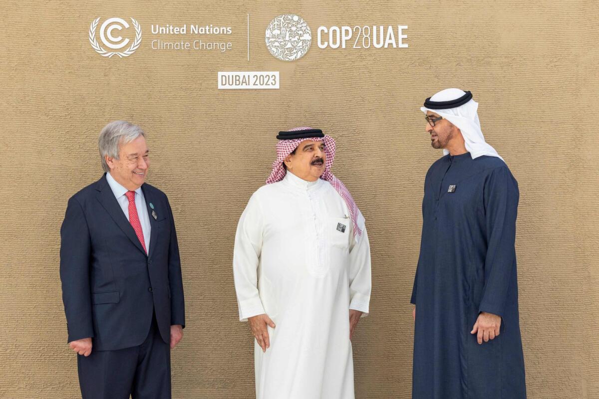 The UAE Presidential, His Highness Sheikh Mohamed bin Zayed Al Nahyan (R) and the United Nations Secretary-General Antonio Guterres (L) with Bahrain's King Hamad bin Isa Al Khalifa. Photo: AFP