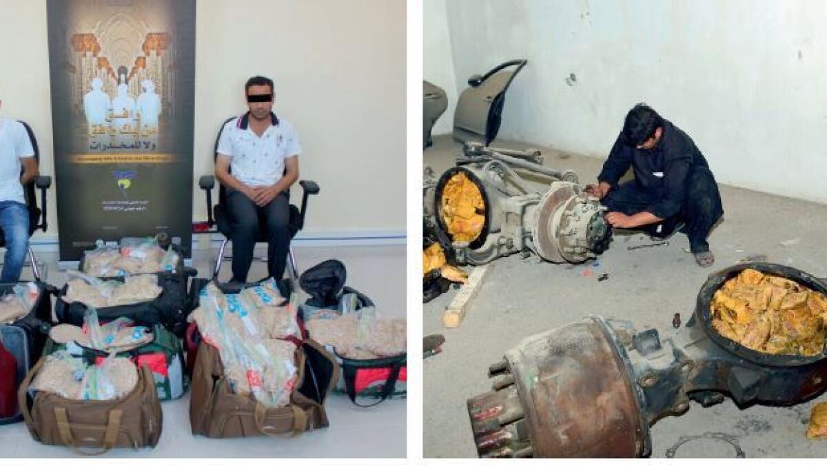 The Arab suspects with seized captagon pills and (right) the Asian suspect taking out the hashish hidden inside truck spare parts.