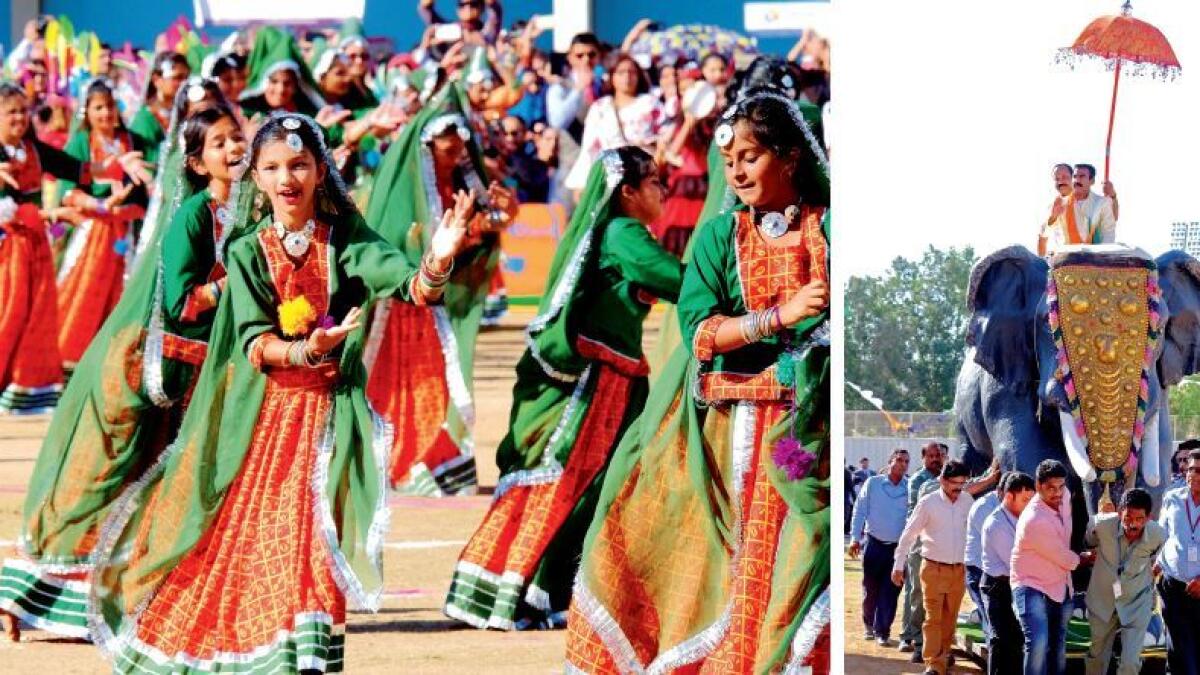 Students perform during the Republic Day celebrations; and (right) Kerala heritage on show as an elephant figurine is wheeled in at the Indian High School Dubai on Thursday. 