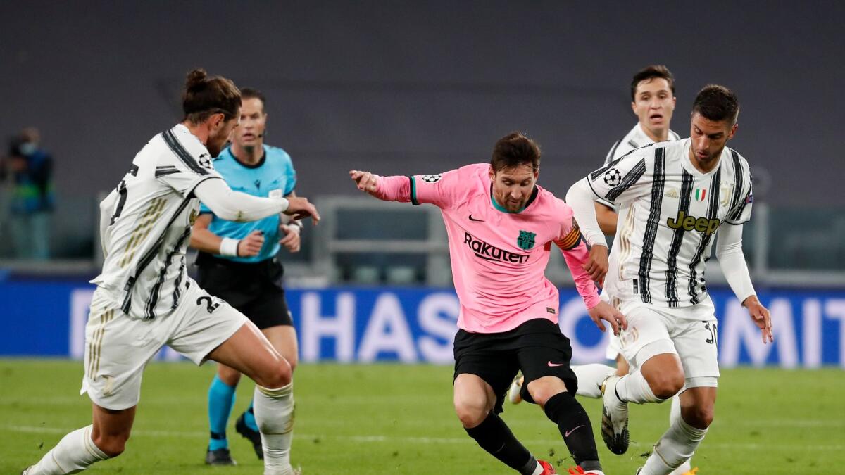 Barcelona's Lionel Messi (centre) during an away Champions League match against Juventus in October, 2020. (AP file)