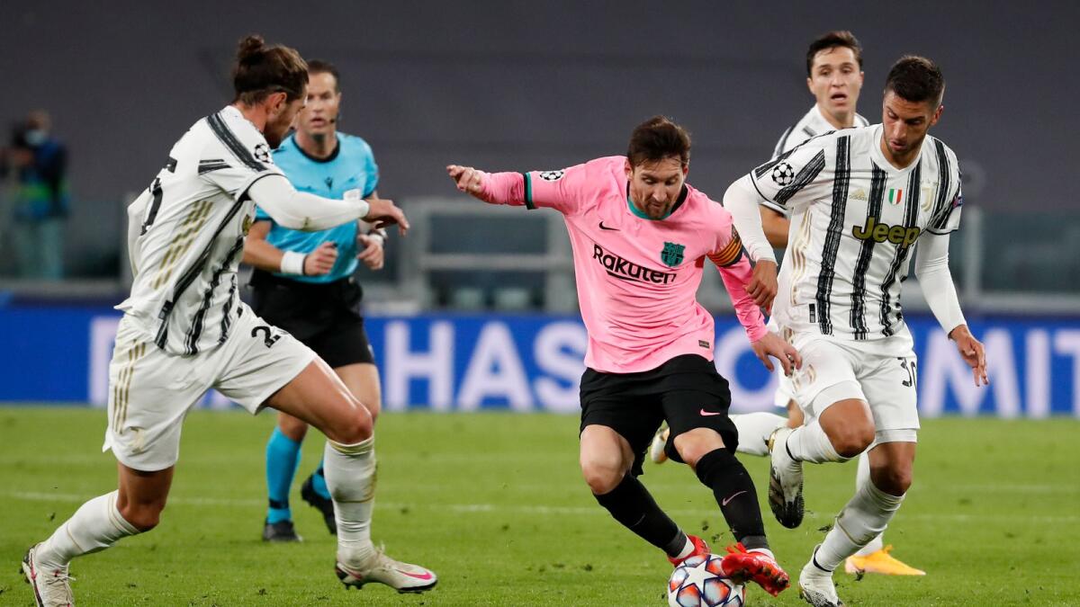 Barcelona's Lionel Messi (centre) during an away Champions League match against Juventus in October, 2020. (AP file)