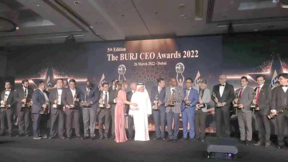 Muhammad Hassan Al Sabab and the winners of the fifth edition of The Burj CEO Awards held in Ras Al Khaimah recently. — Supplied photo