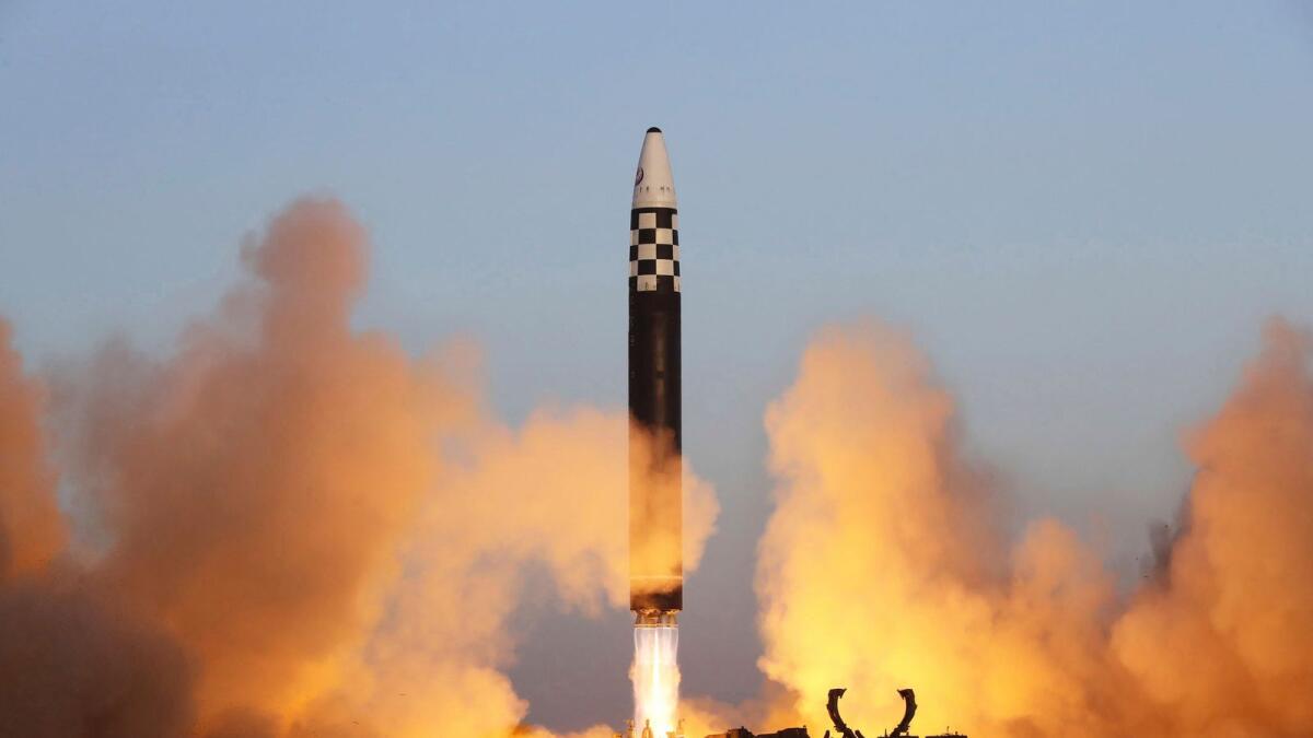 An intercontinental ballistic missile launching drill at the Sunan international airport in Pyongyang. — AP file