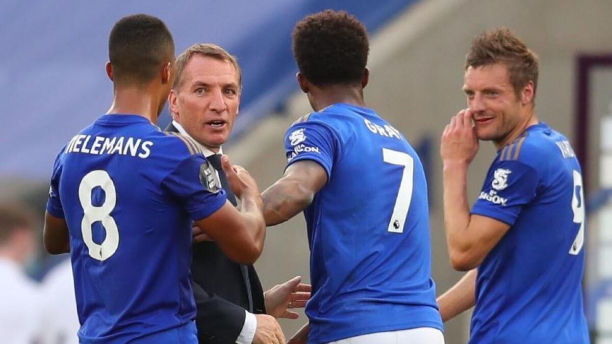 Leicester City manager Brendan Rodgers with Youri Tielemans, Demarai Gray and Jamie Vardy after the match. (Reuters)