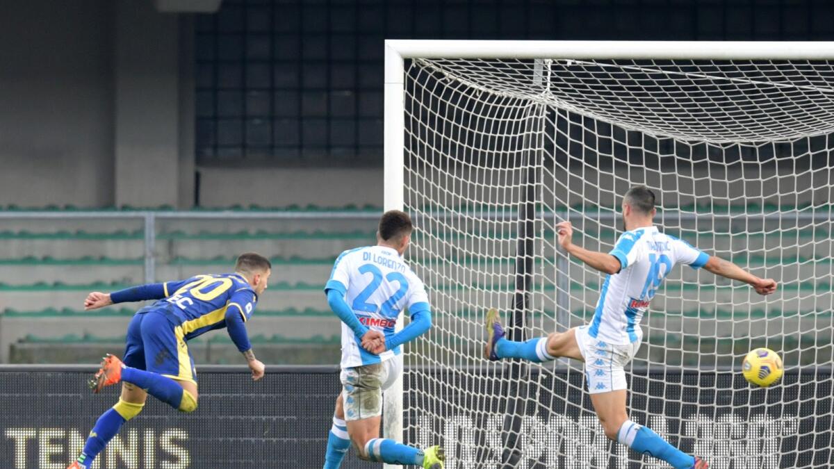 Hellas Verona's Mattia Zaccagni scores a gaol against Napoli. — Reures