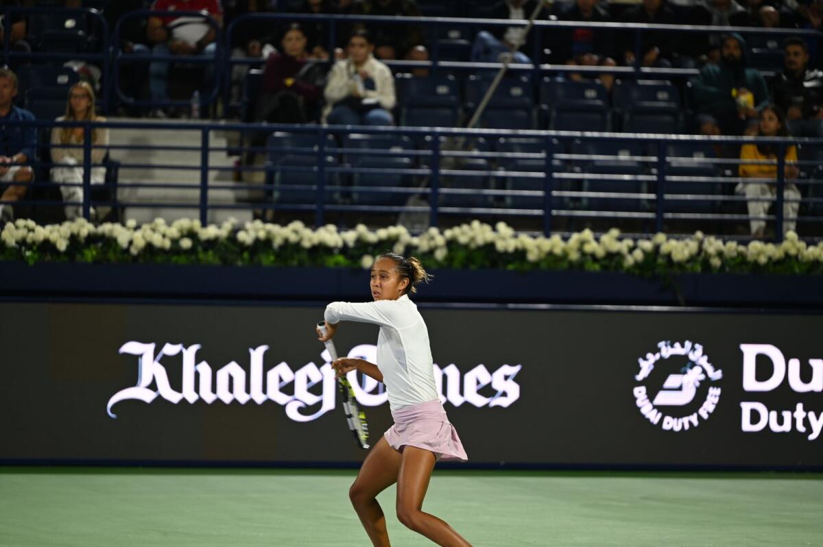 Leylah Fernandez hits a return during her first round match in Dubai. — Photo by Ehaab Qadeer
