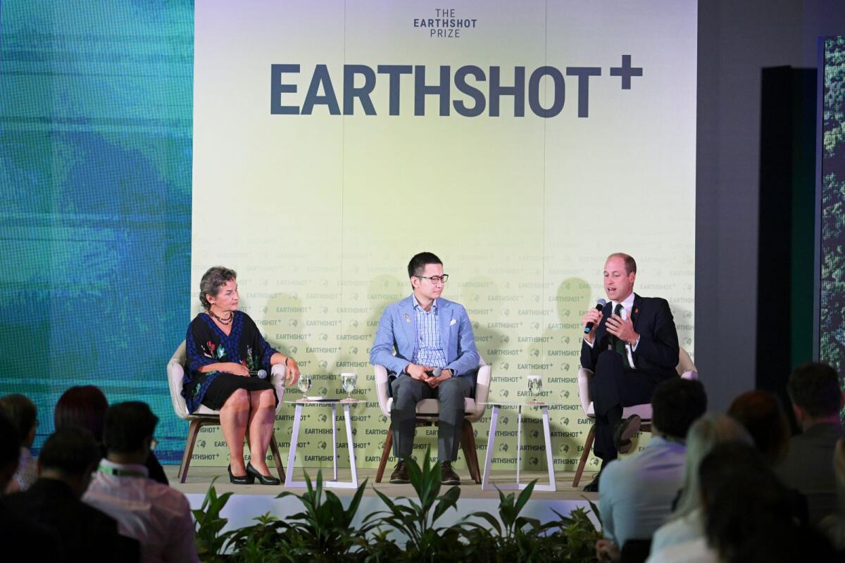 Britain's Prince William takes part in a panel discussion with Earthshot Prize trustee Christiana Figueres and Brandon Ng of Ampd Energy at the Earthshot+ Summit at Park Royal Pickering in Singapore on Wednesday. — AP