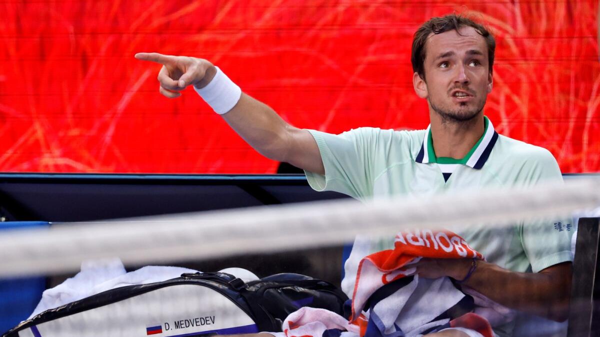 Daniil Medvedev of Russia argues with the chair umpire during his fourth round match against Maxime Cressy of the US. (AP)