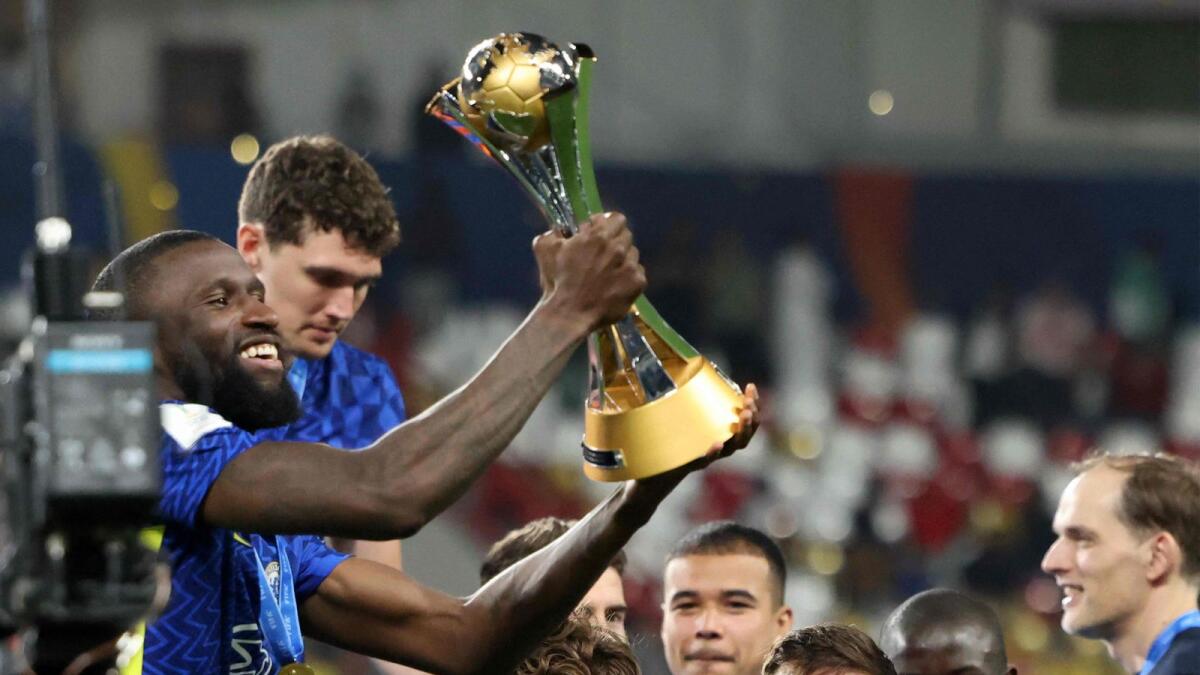 Chelsea forward Romelu Lukaku raises the trophy after the Fifa Club World Cup final  against Palmeiras at Mohammed Bin Zayed stadium in Abu Dhabi. (AFP)