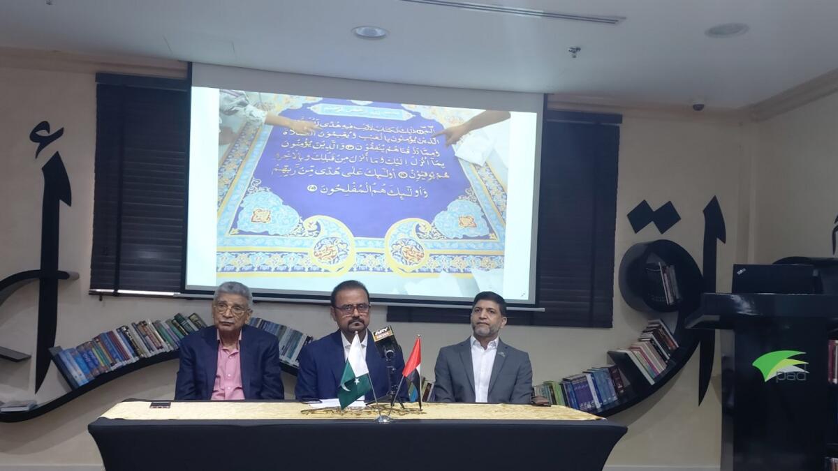 Irfan Mustafa, Shahid Rassam and Dr Faisal Ikram announce the 'world's largest Holy Quran' project at Pakistan Association, Dubai. KT Photo/Muzaffar Rizvi