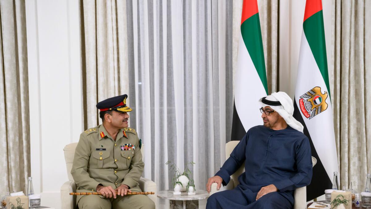 Sheikh Mohamed and Asim Munir during a meeting in Abu Dhabi. — Wam