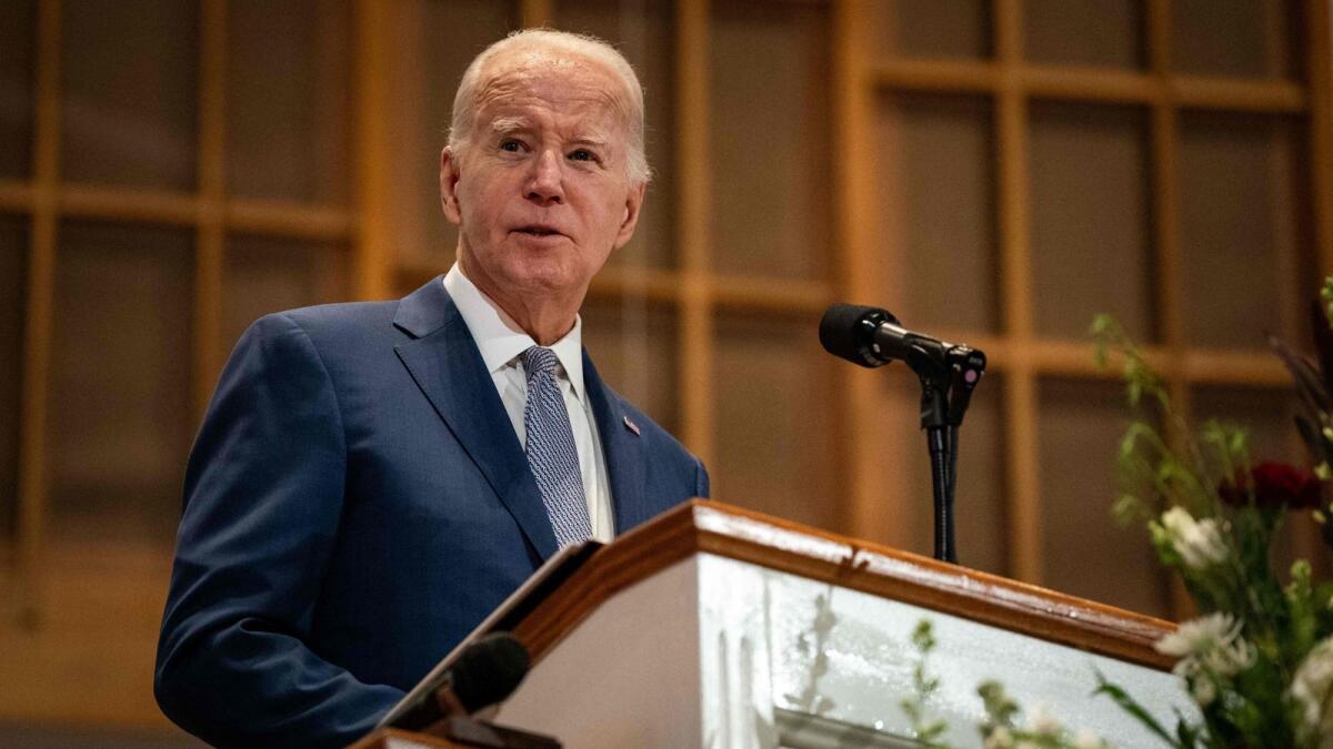 US President Joe Biden delivers remarks at the St. John Baptist Church in Columbia, South Carolina, on January 28, 2024. US President Joe Biden vowed on Sunday to strike back after a drone attack that killed three US troops in Jordan. AFP
