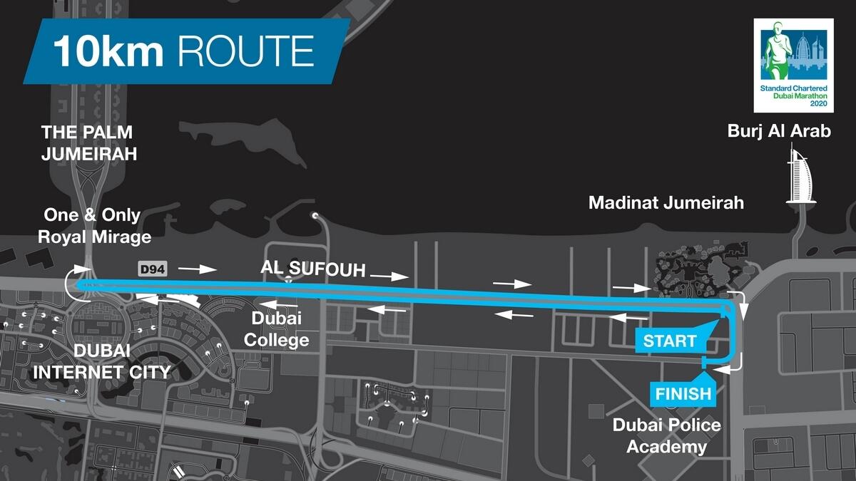 10km Road Race route map: This will start at 8:15 am from Sufouh Road opposite the Madinat Jumeriah, and run out to a U-turn at the entrance to The Palm Jumeirah before racing back to the finish on Abdulla Omran Taryam Street off Umm Suqeim Road.
