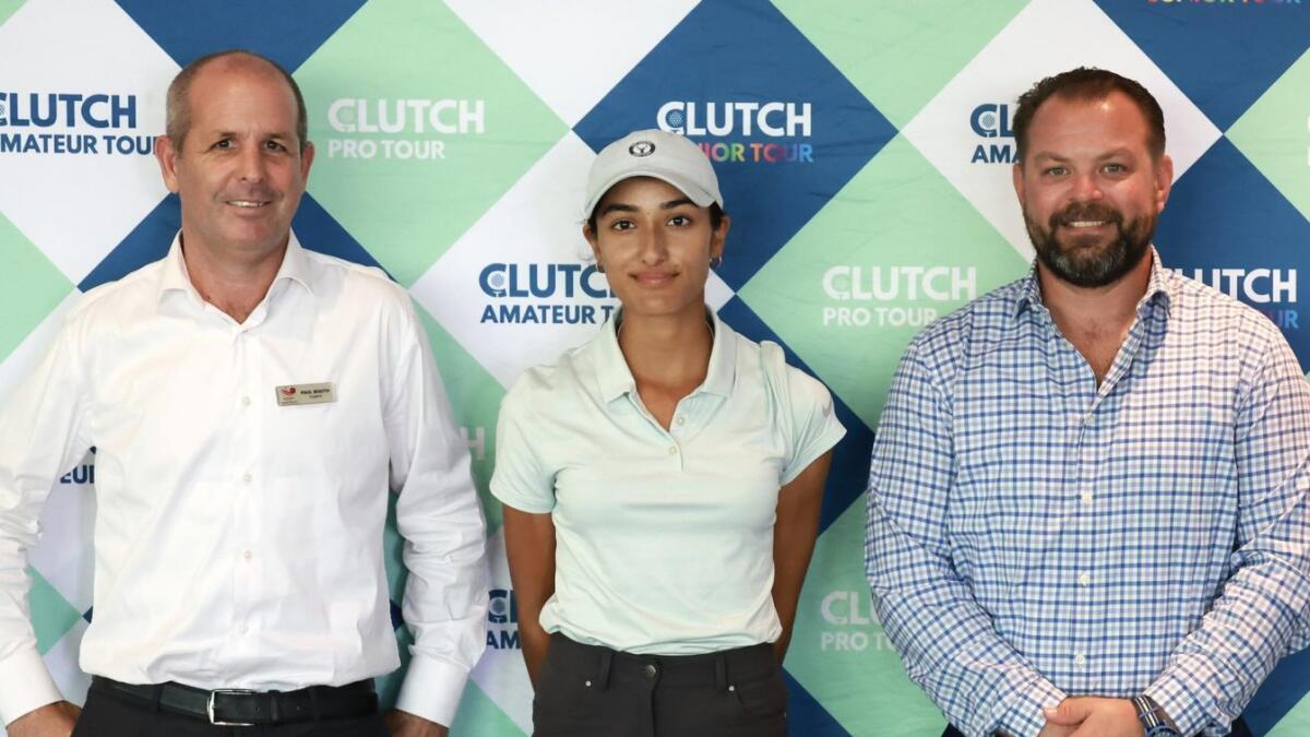 Natalii Gupta (centre), leading female player in the Clutch Pro Tour with Paul Booth (l), GM of Al Hamra Golf Club and Robert Fiala (r), Emirates Golf Federation. - Supplied photo