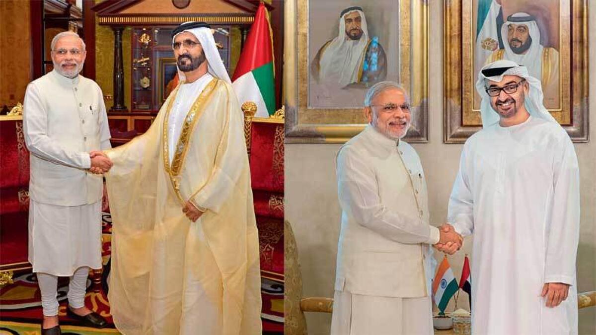 2015- His Highness Shaikh Mohammed bin Rashid Al Maktoum, Vice-President and Prime Minister of the UAE and Ruler of Dubai, with India’s Prime Minister Narendra Modi.—Wam (Left), His Highness Shaikh Mohammed bin Zayed Al Nahyan, Crown Prince of Abu Dh