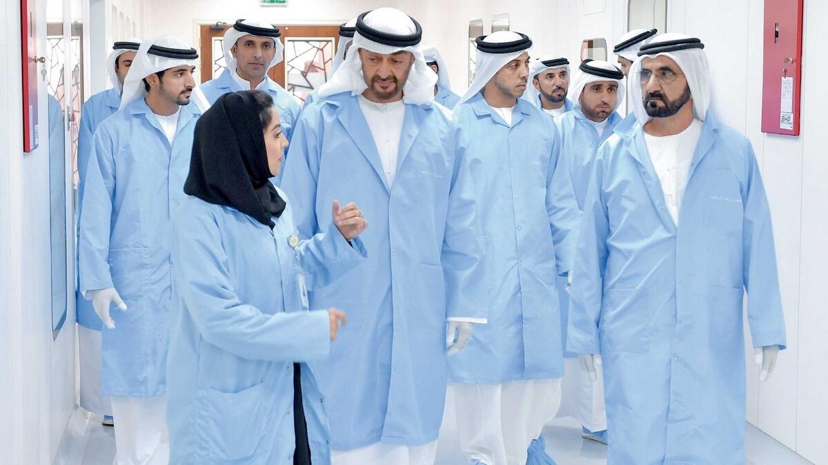 Sheikh Mohammed, Sheikh Mohamed bin Zayed and Sheikh Hamdan along with other senior officials and dignitaries at the Mohammed Bin Rashid Space Centre in Dubai. The centre  will be the hosting organiser for the International Aeronautical Congress 2020. — W