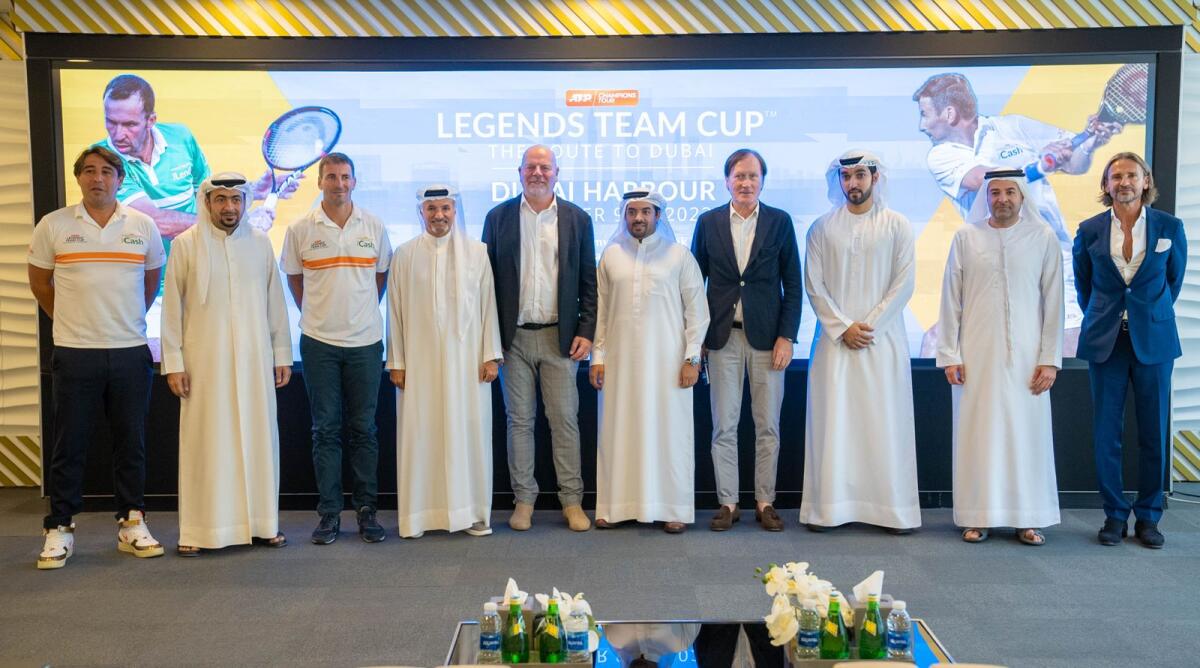 Marcos Baghdatis (left), Tommy Robredo (third from left) and other officials at the press conference in Dubai on Monday. (Supplied photo)