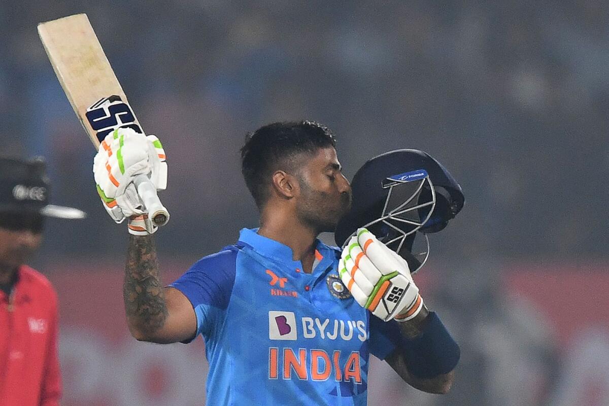 Suryakumar Yadav celebrates after scoring a century. — AFP