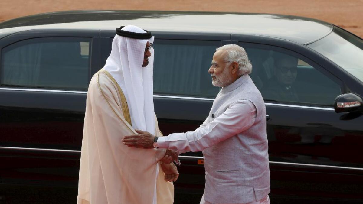 His Highness Shaikh Mohammed bin Zayed Al Nahyan, Crown Prince of Abu Dhabi and Deputy Supreme Commander of the UAE Armed Forces and India's Prime Minister Narendra Modi