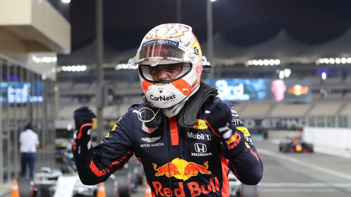 Red Bull driver Max Verstappen of the Netherlands ireacts after qualifying at the Formula One Abu Dhabi Grand Prix in Abu Dhabi. Photo: AP