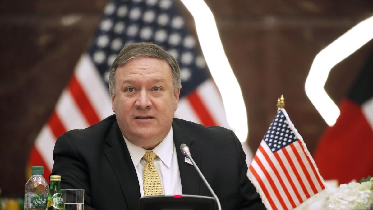 US Secretary of State Mike Pompeo speaks during a news conference in Kuwait.-AP