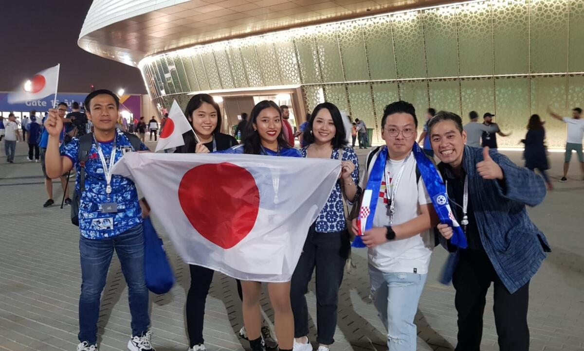 (From left) Tom, Rika, Patty, Ivy, Fui, and Kitty at the Japan-Croatia match. Photo: Rituraj Borkakoty