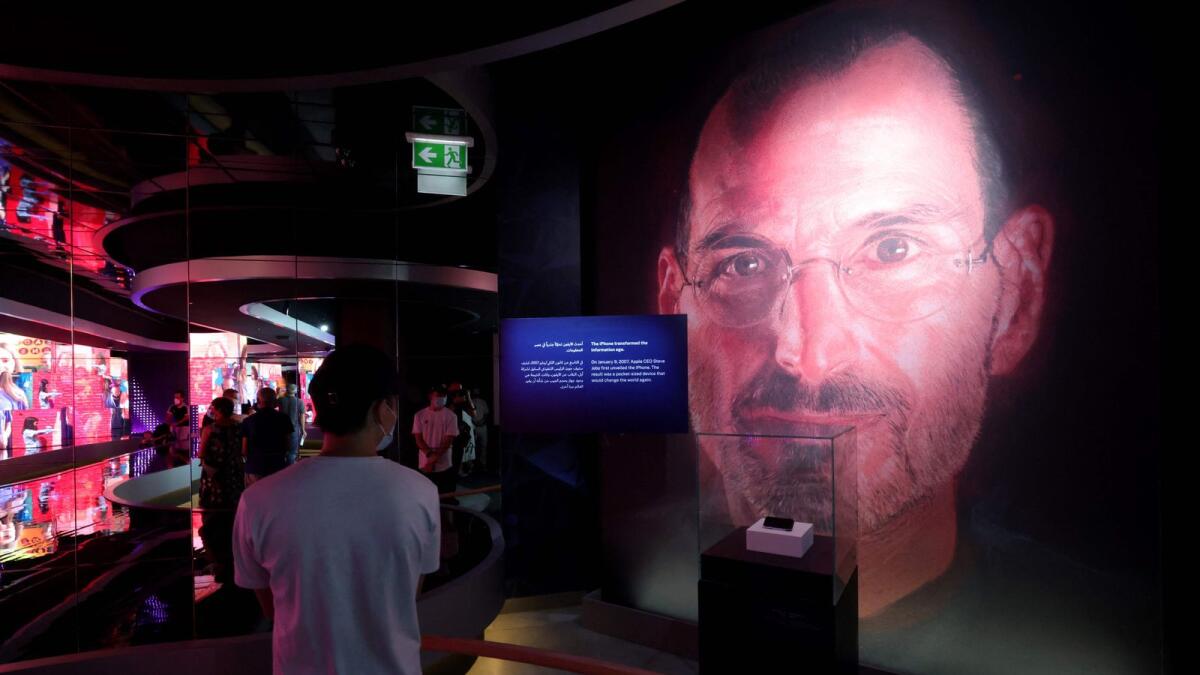 A picture shows an image of Apple founder and late CEO Steve Jobs in the interior of the US pavillon at the Dubai Expo 2020. — AFP