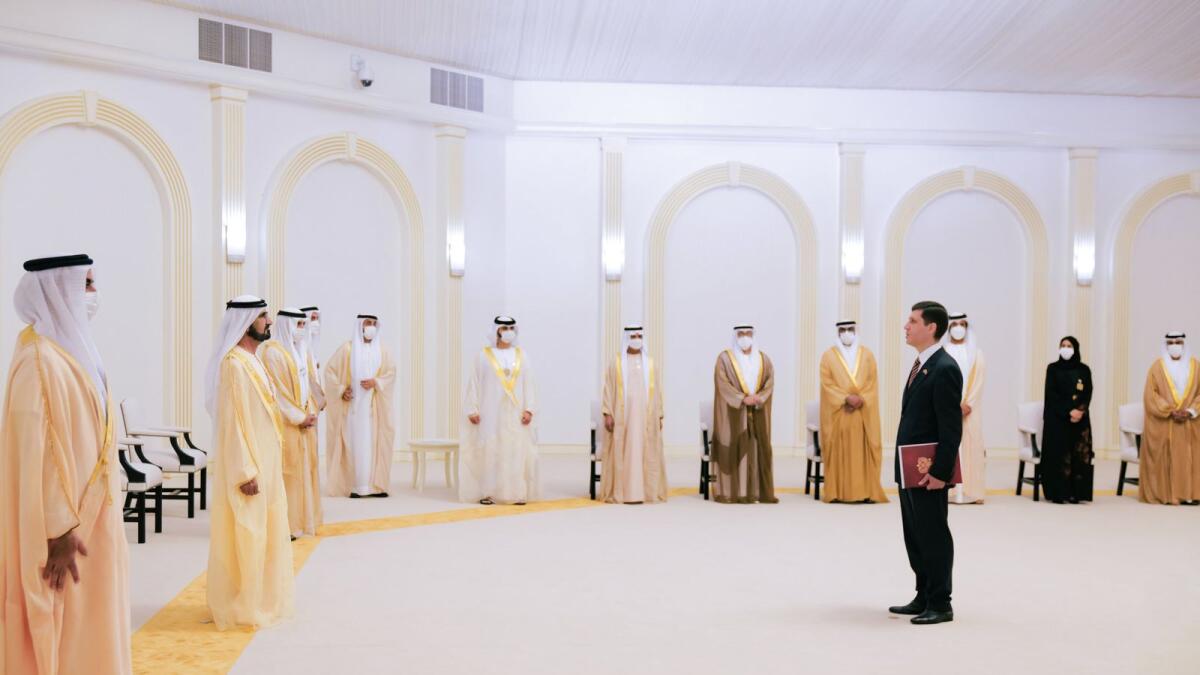 Sheikh Mohammed receives credentials of new ambassadors at Dubai Airshow. — Courtesy: Twitter/Dubai Media Office