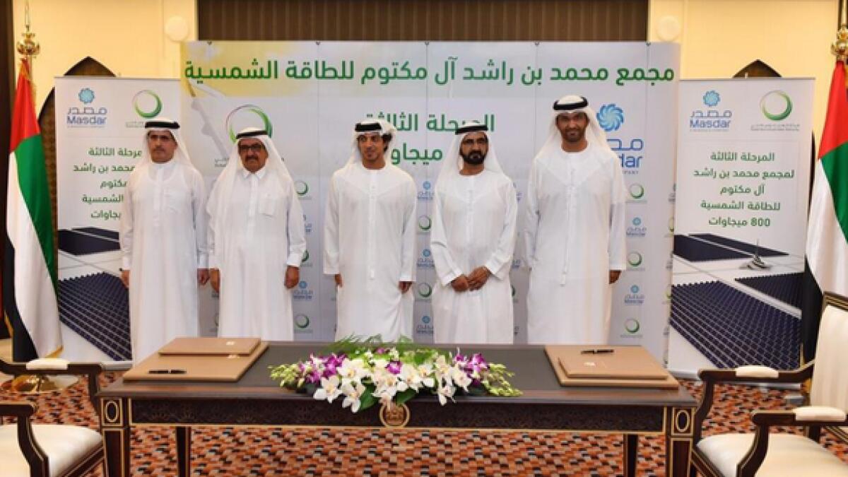 Shaikh Mohammed with Shaikh Hamdan bin Rashid, Shaikh Mansour bin Zayed, Dr Sultan Al Jaber and Saeed Mohammed Al Tayer during the MoU signing in Abu Dhabi. — Wam