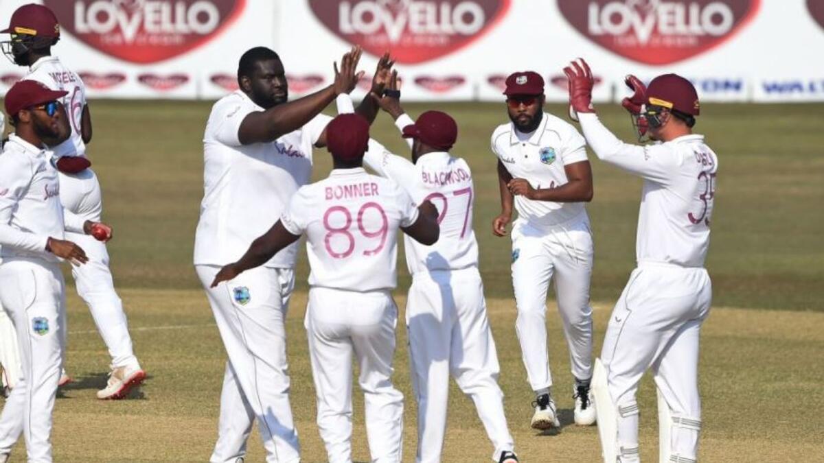 West Indies players celebrate a wicket against Bangladesh. (ICC Twitter)
