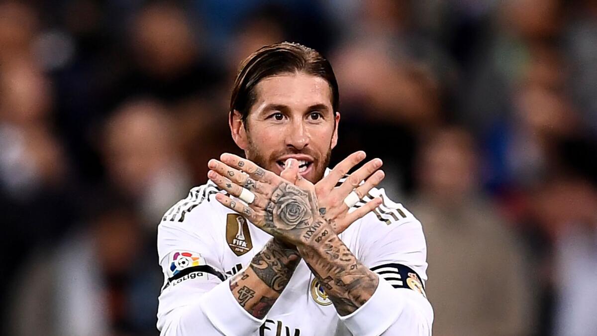 Sergio Ramos celebrates after scoring a goal during a La Liga match between Real Madrid and Deportivo Leganes in Madrid. (AFP file)