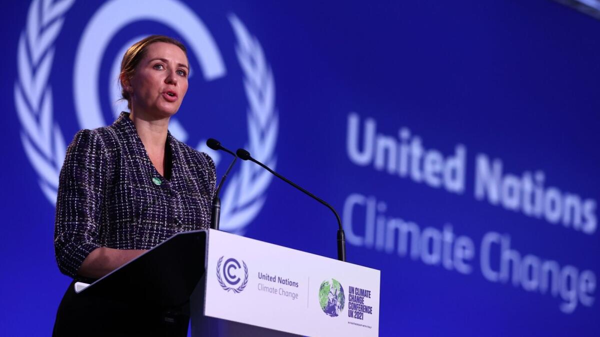 Denmark's Prime Minister Mette Frederiksen delivers a speech at UN Climate Summit in Glasgow. – AFP