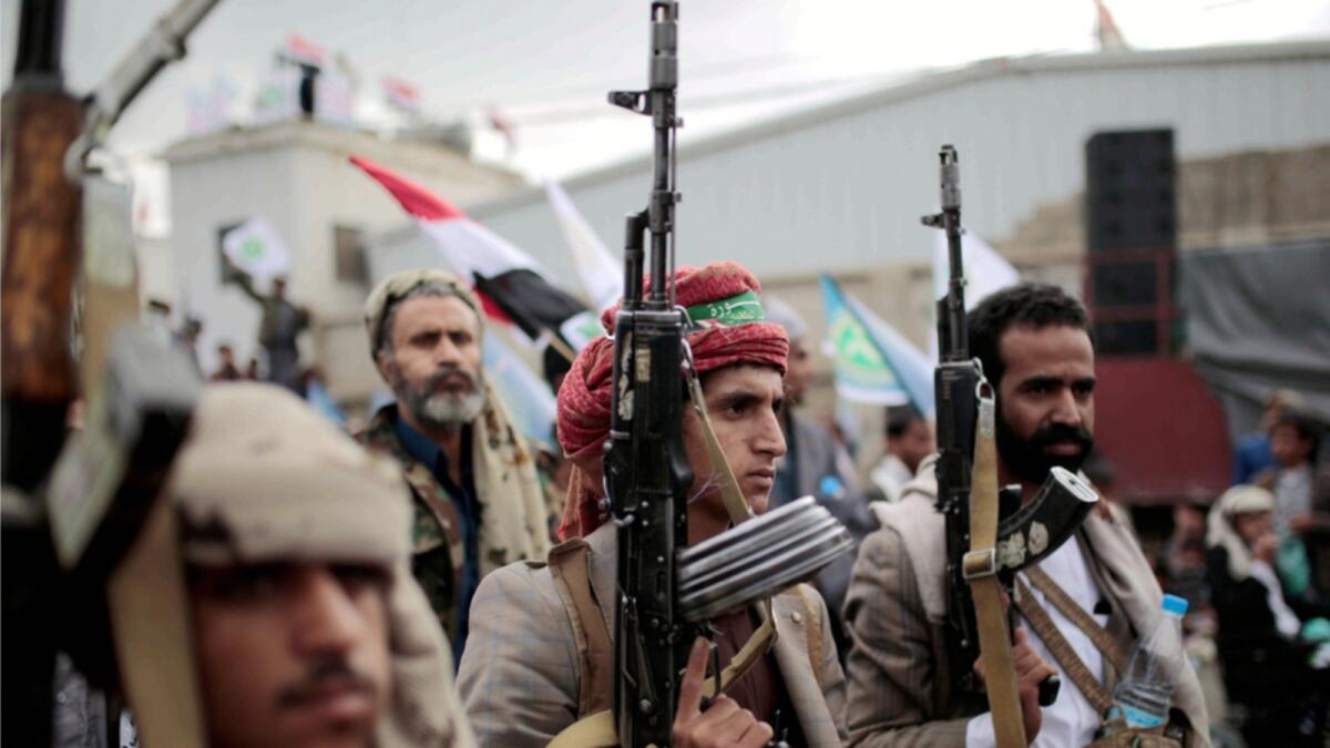 Houthi militias attend a rally in sanaa. — AP