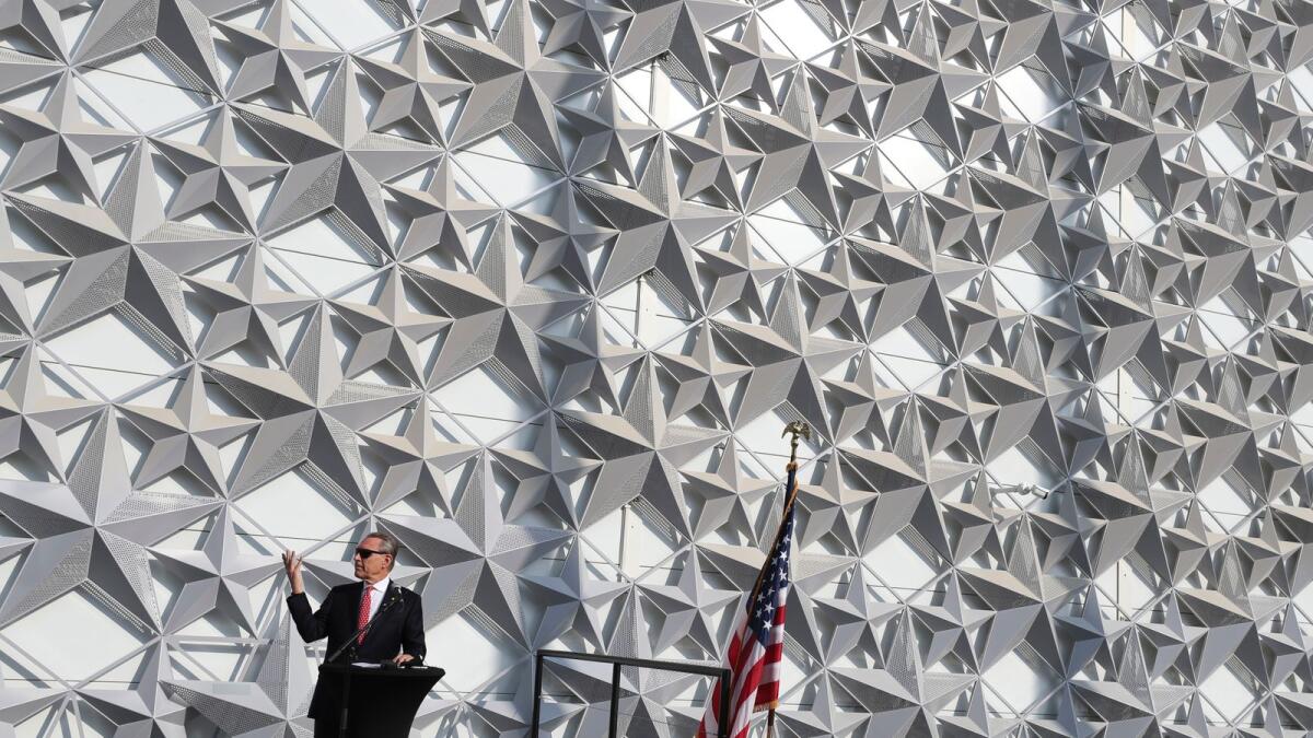 US Ambassador John Rakolta talks during the USA Pavilion handover ceremony at the Dubai Expo 2020, United Arab Emirates on Nov. 18, 2020. AP
